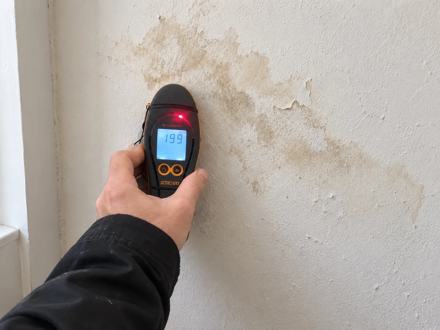 Diagnostic d’humidité avec un appareil de mesure sur un mur endommagé