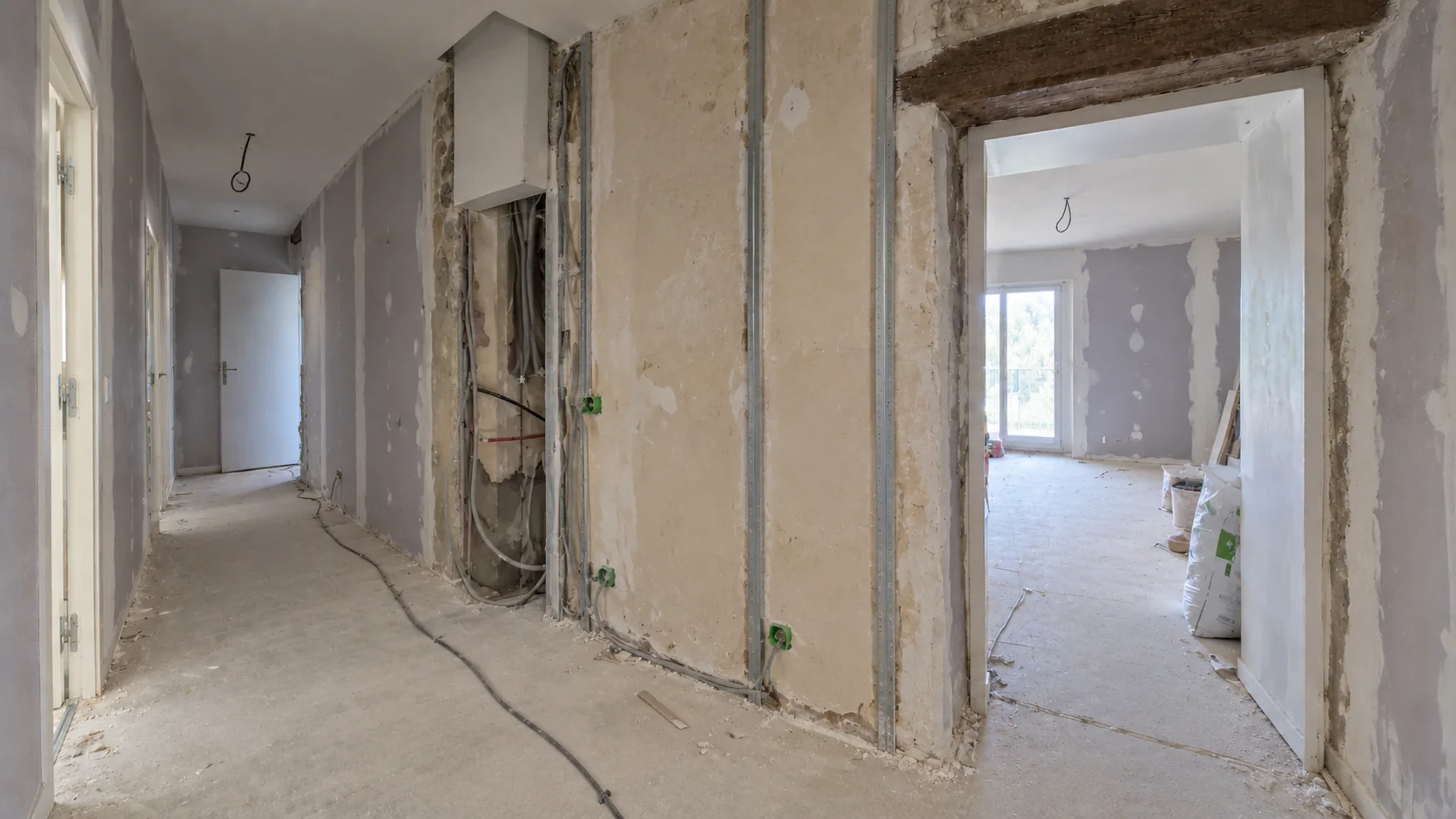 Avant, pendant les travaux : même couloir, sol brut, câbles et traces de chantier
